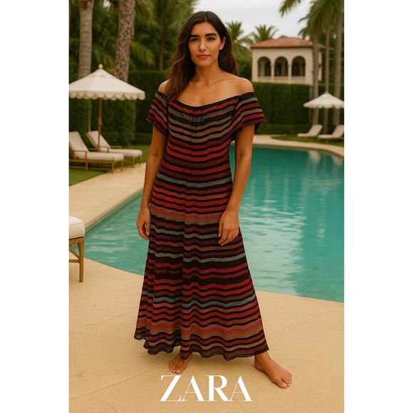 Zara Knit Shimmering Striped Italian Yarn Maxi Dress Sz. S - Picture 1 of 4